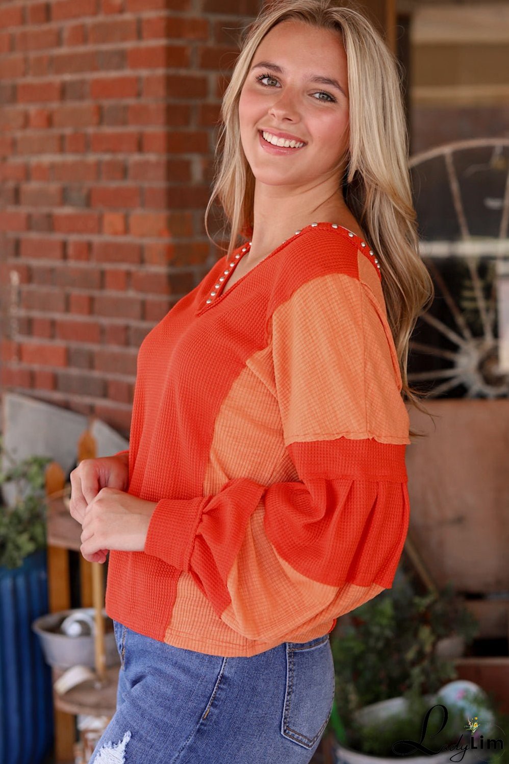 Studded V Neckline Textured Knit Top