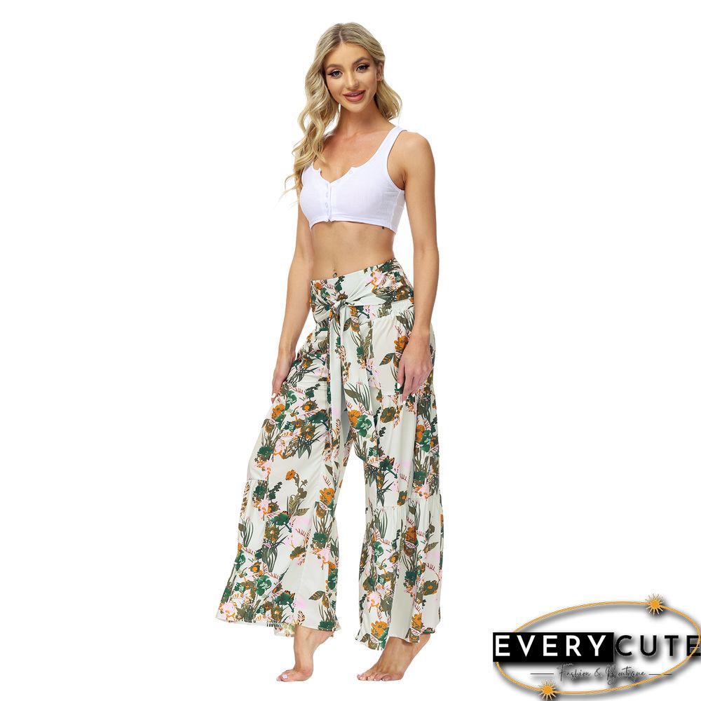 Light Green Digital Print Tie Waist Beachwear Wide Leg Pants
