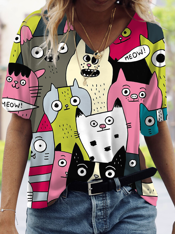 Colorful Funny Cartoon Cat Print Long Sleeve Casual T-Shirt Plus Size