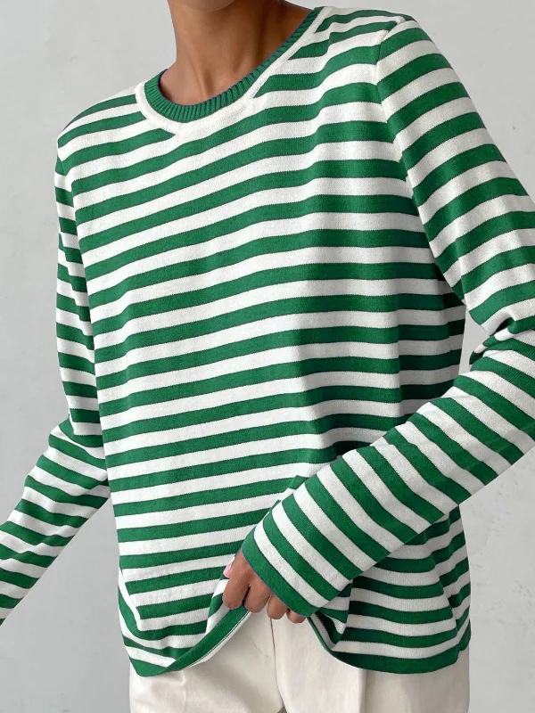 Long Sleeves Loose Split-Joint Striped Round-Neck Sweater Tops