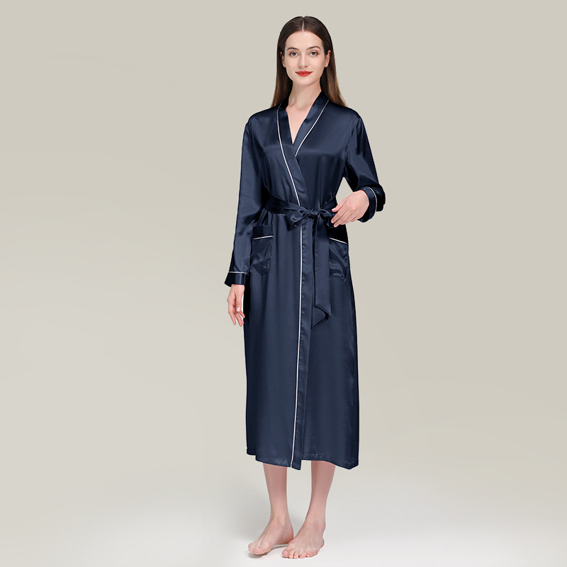 Kimono en soie manches longues couleur unie bleu 1