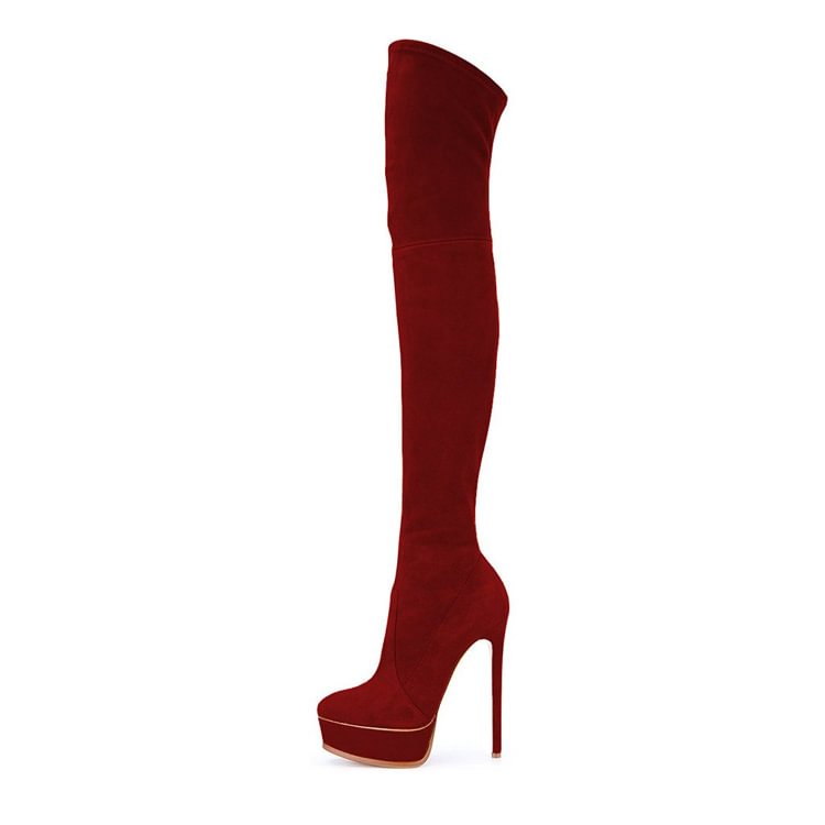 Fashion Maroon Almond Toe Platform Heels Long Suede Stiletto Boots |FSJ Shoes