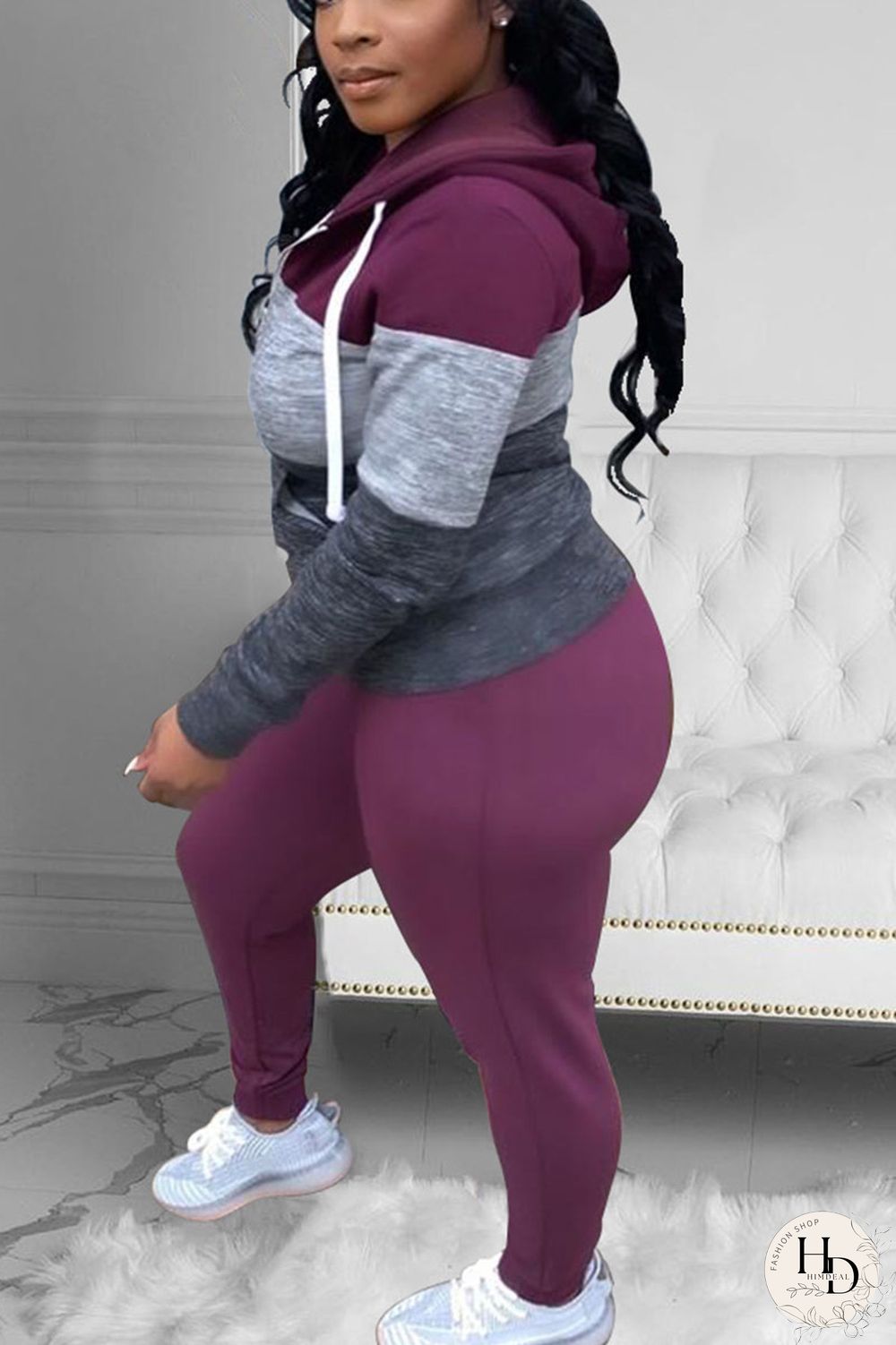 Pink Street Print Patchwork Hooded Collar Long Sleeve Two Pieces