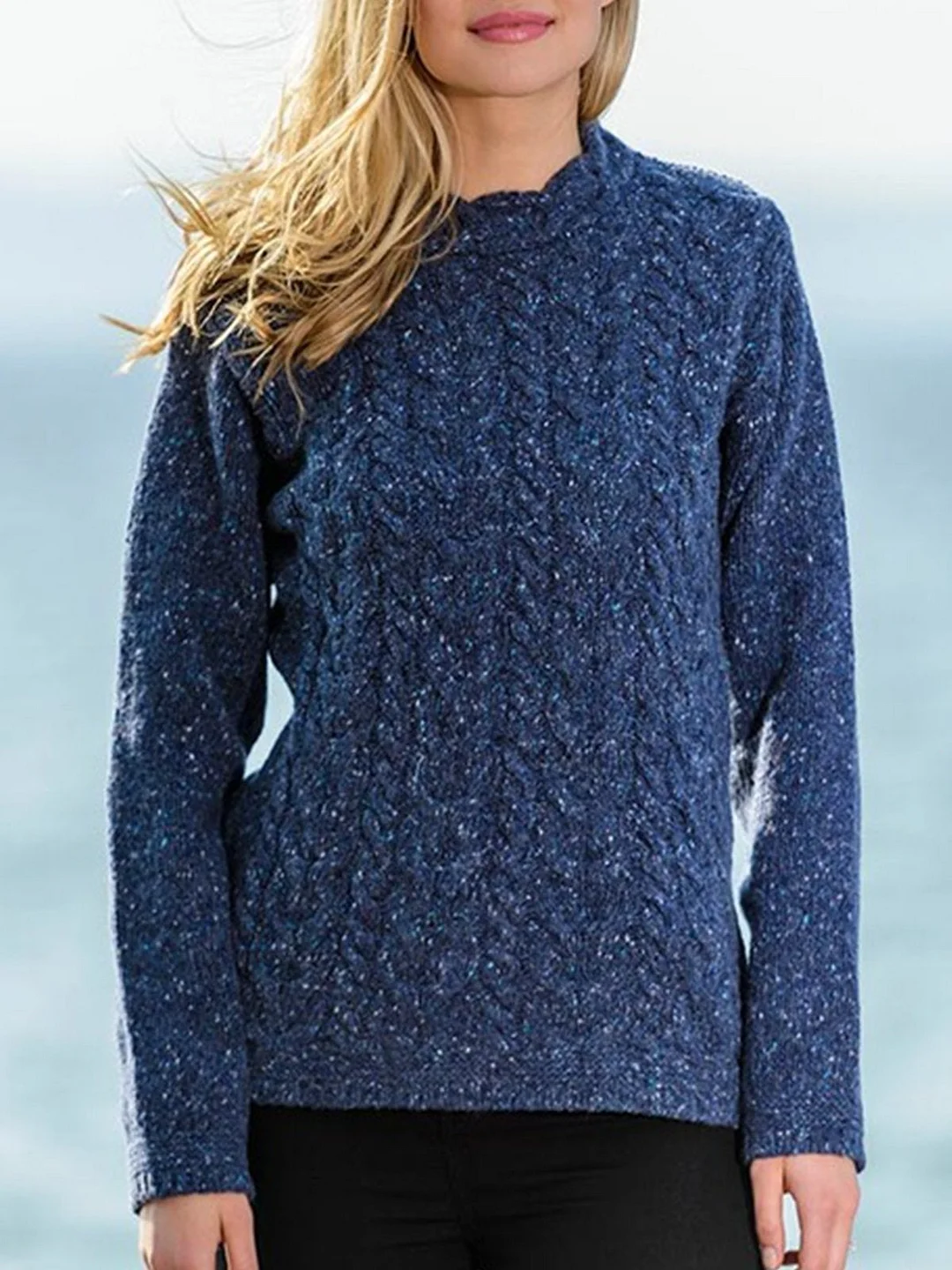 Blue Knitted Long Sleeve Plus Size Sweater
