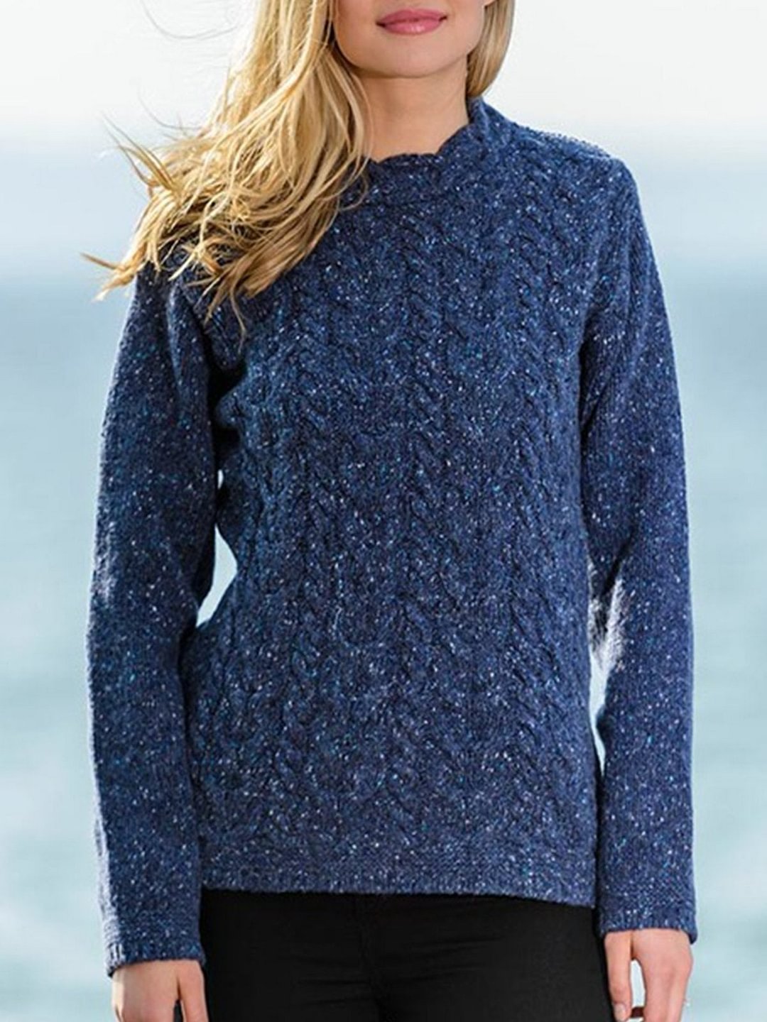 Blue Knitted Long Sleeve plus size Sweater | EGEMISS