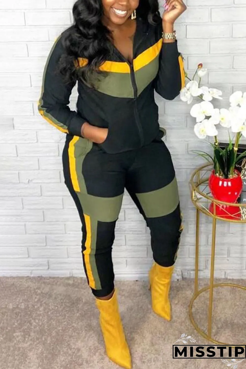 Orange Casual Patchwork Zipper Collar Long Sleeve Two Pieces
