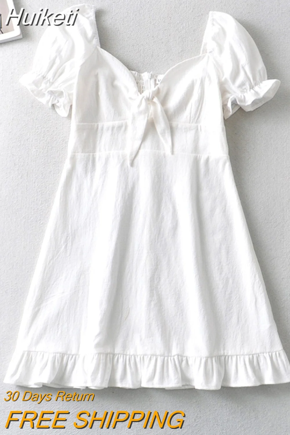 Huiketi Summer Clothes For Women 2023 Sweetheart Neck Tie Casual White Dress Back Shirred Short Sleeve Ruffle Hem Mini Dress