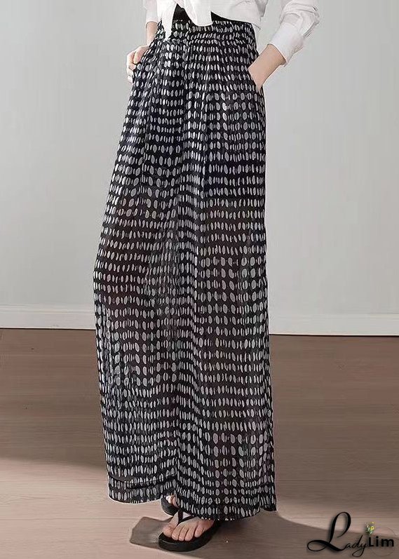 Boho Black Pockets Print Elastic Waist Chiffon Pants Summer