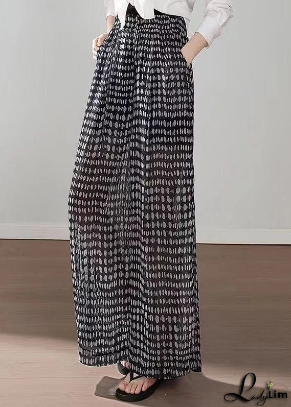 Boho Black Pockets Print Elastic Waist Chiffon Pants Summer