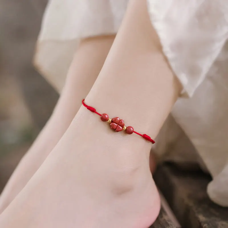 Four Leaf Clover Cinnabar Blessing Calm String Bracelet Anklet