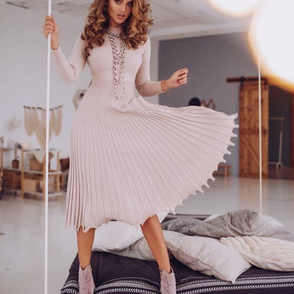 Ootddress Ribbed Pleated Knit Dress Women Loose Fashion Patchwork Long Sleeve Dress High Waist Knitwear Female Autumn Maxi Dress New