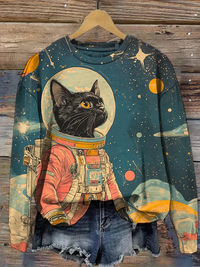 Women's Space Astronaut Cat Art Print Casual Sweatshirt