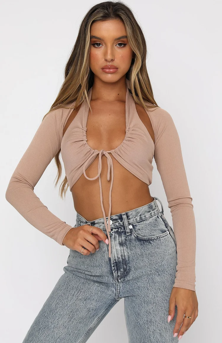 Women Ladies Clothes Suit Casual Solid Two Pieces Tops Front Drawstring Halter Camisole+Long Sleeve Backless Crop Tops
