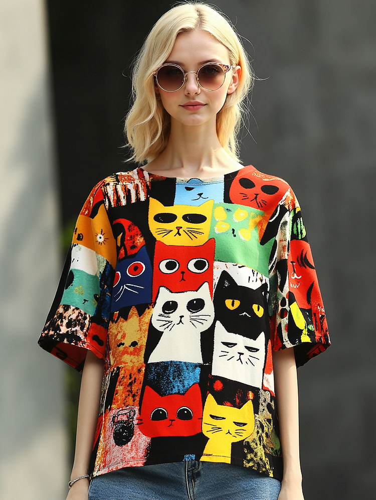 Simpfit Pop Art Süßes Katzen-Kurzarm-T-Shirt