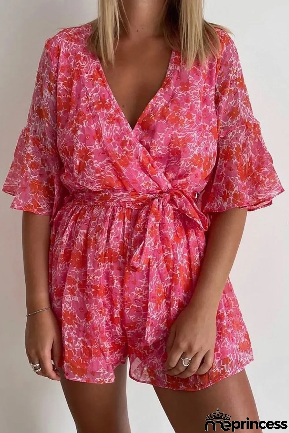 V Neck Ruffled Sleeve Floral Romper