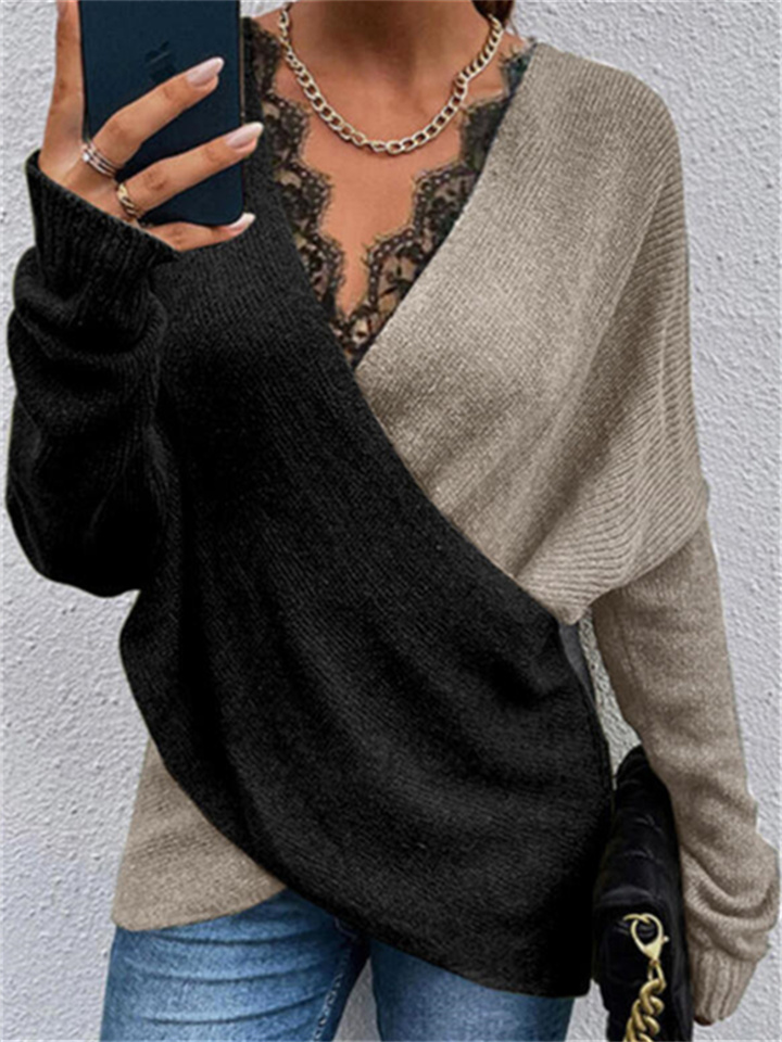 Knit Temperament Commuter Colorblocking V-Neck Loose Type Pullover Women's Urban Style Knit Top
