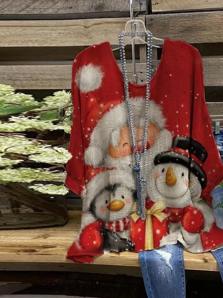 Red Christmas Santa Claus Snowman Printed Round Neck T-Shirt