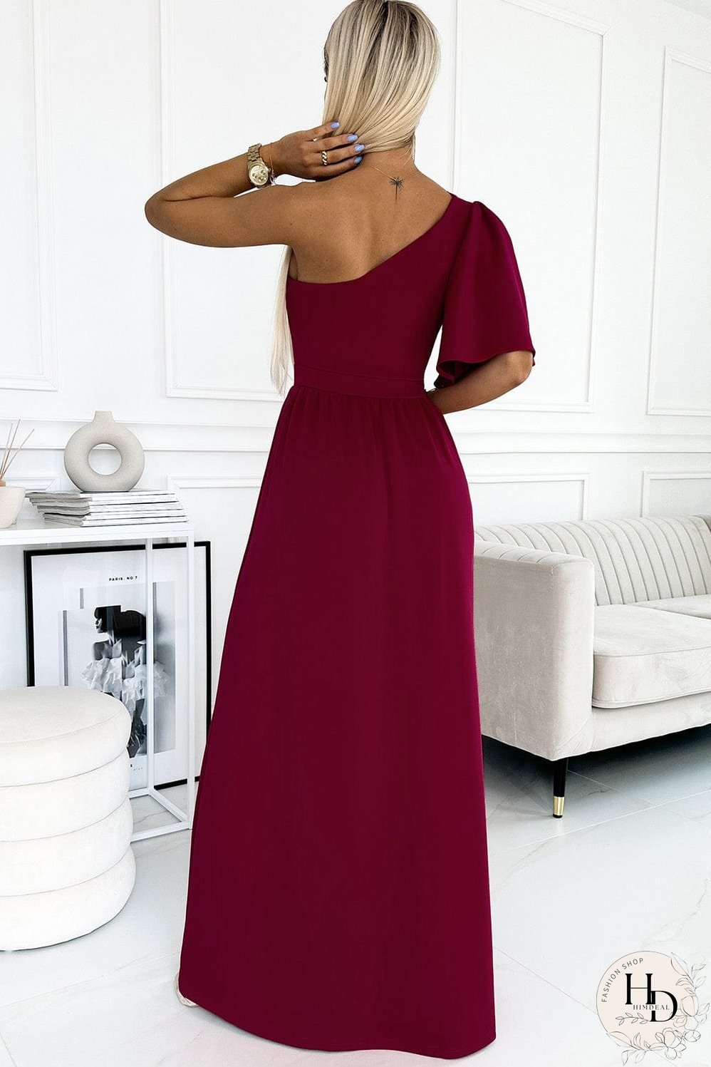 Solid Sloping Shoulder Slit Dress