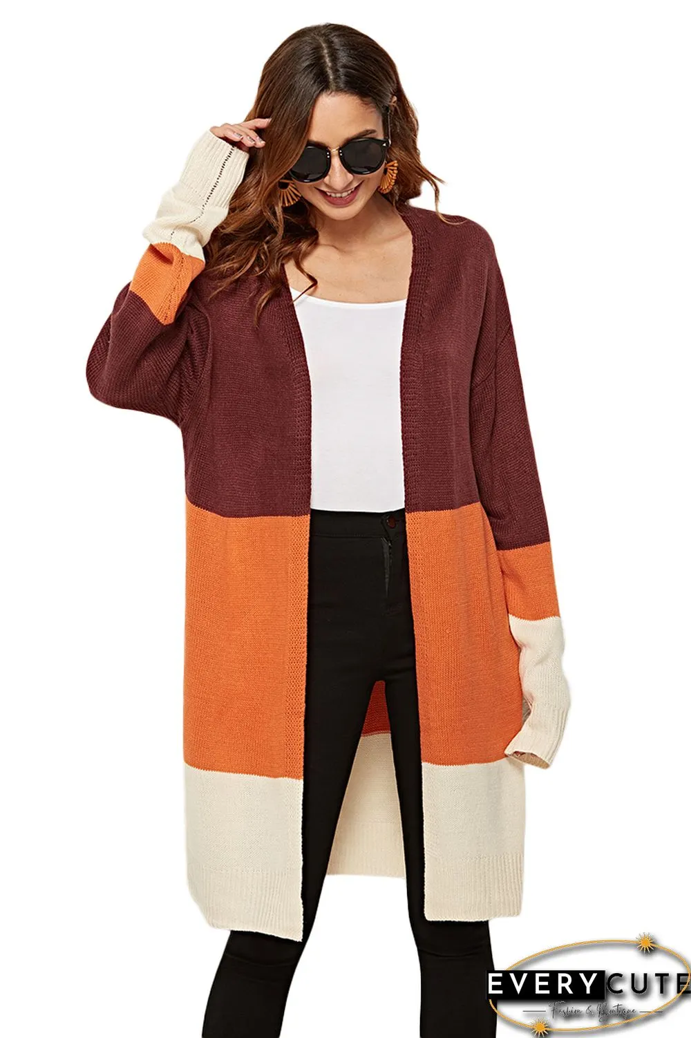 Khaki Orange Coffee Colorblock Open Front Long Cardigans