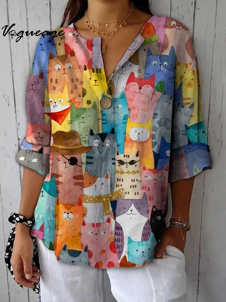 A Group Of Cute And Funny Cats Printed Cotton And Linen Shirt