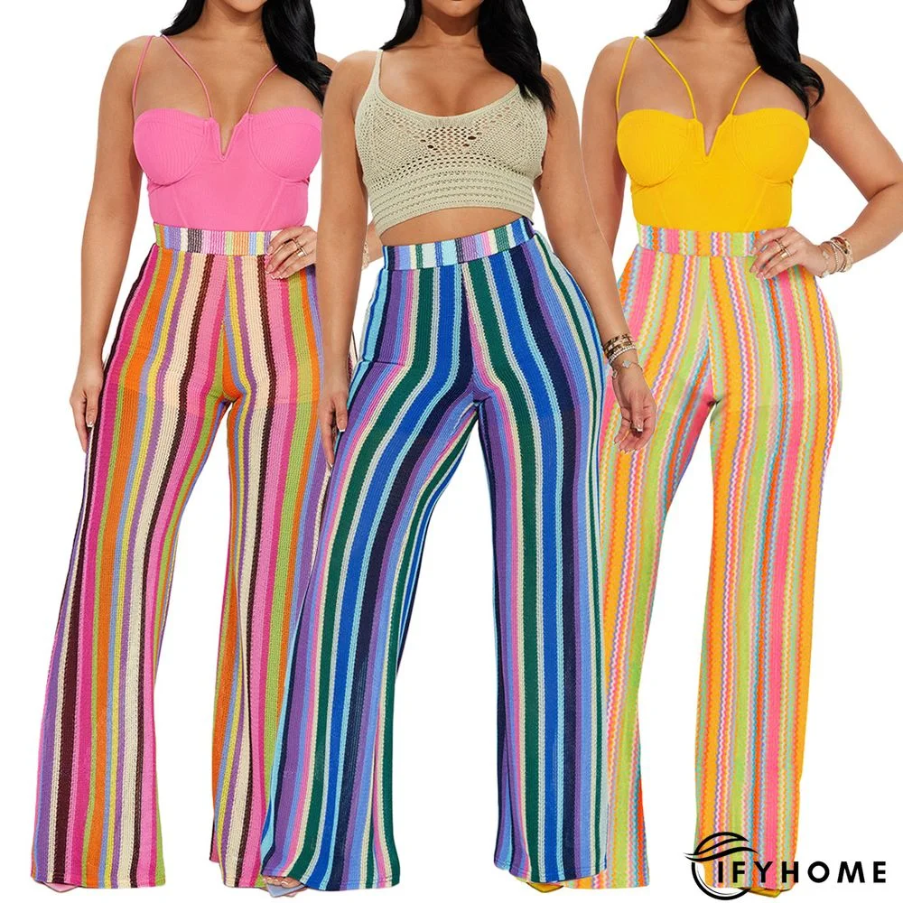 Colorful Striped Knitted Hollow Fashion Zipper Wide-leg Pants | IFYHOME