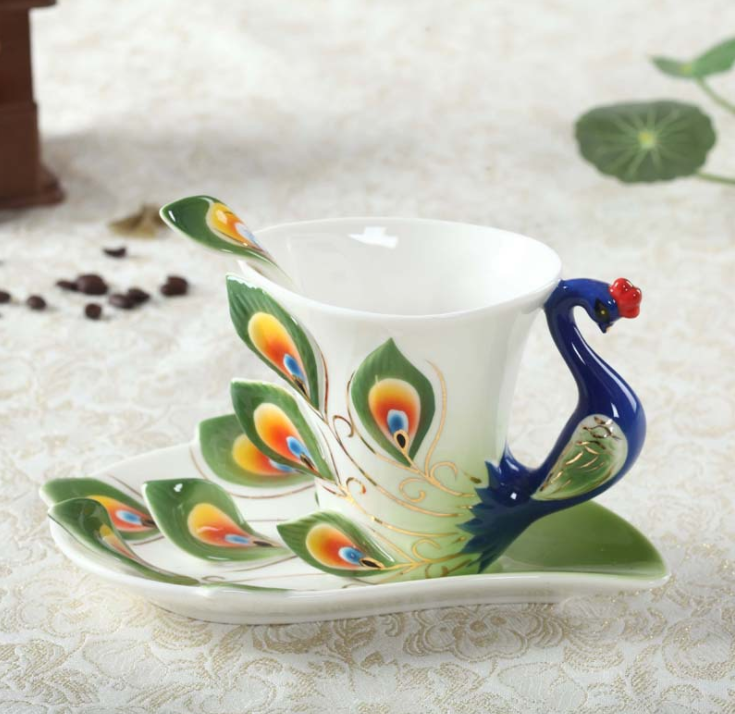 3D Handmade Porcelain Glazed Peacock Coffee Cup Set with Saucer and Spoon