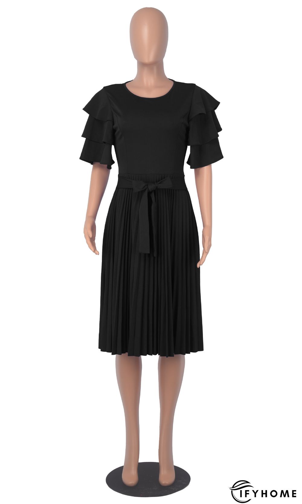 Round Neck Ruffle Short Sleeve Pressed Pleated Dress | IFYHOME