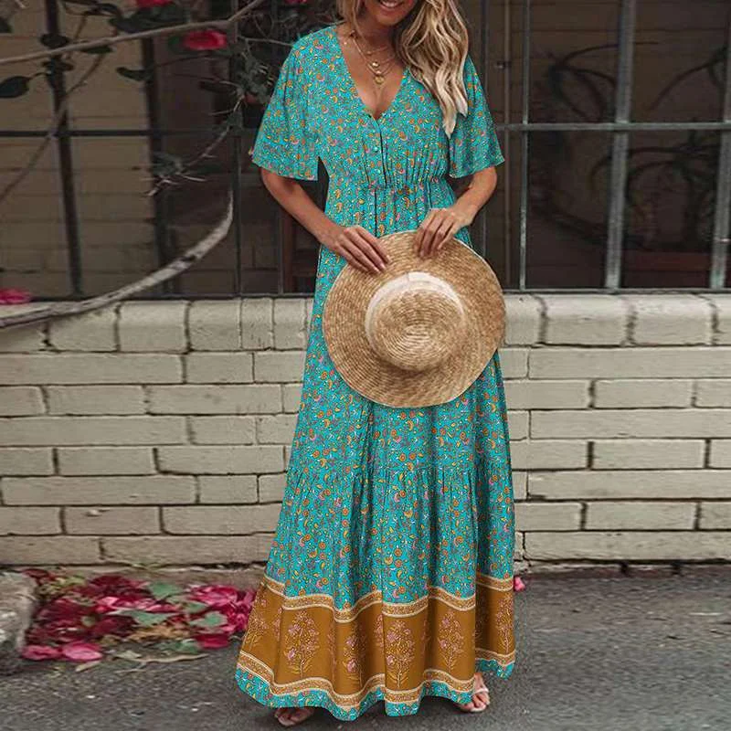 Women Bohemian Holiday Sundress ZANZEA Summer Floral Printed Beach Dress Robe Femme V Neck Short Sleeve Maxi Long Vestido Kaftan