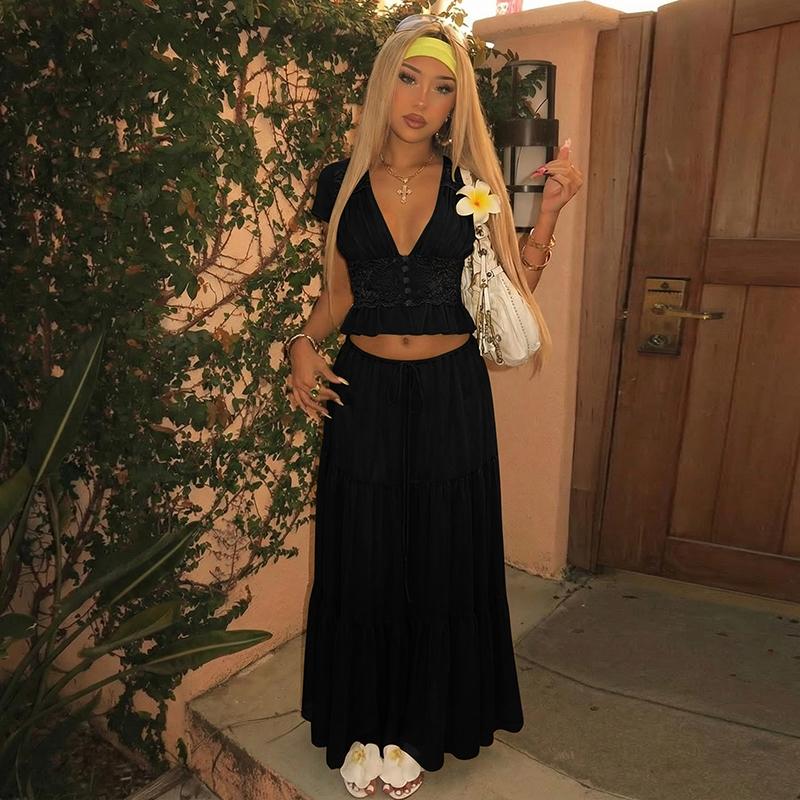 Women Summer Short Sleeve V Neck Tops Long Skirt Beach Vacation Chiffon Two Piece Set Outfit Women Summer Short Sleeve V Neck Tops Long Skirt Beach Vacation Chiffon Two Piece Set Outfit