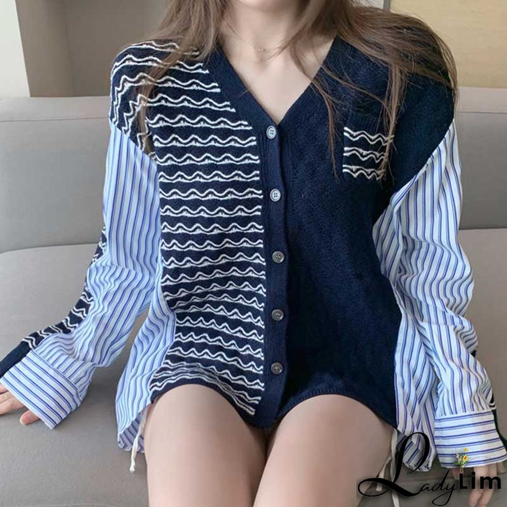 Colorblock Stripe Loose V-neck Cardigan Sweater Shirt