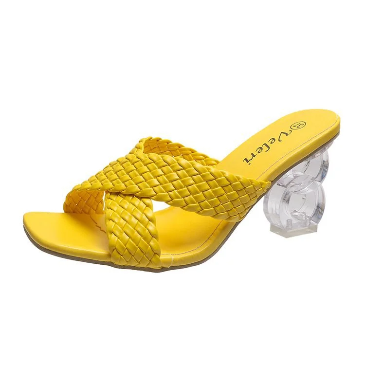 Women's Shoes High Heel Square Head Fish Mouth Woven Sandals Slippers Slip-on Fashion