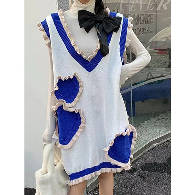 Unique Loose V-neck Contrast Color Splicing fungus Edge Sleeveless Knitted Dress