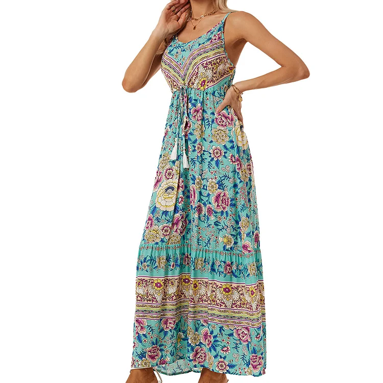 Women's Bohemian Suspender Dress Floral Printed Vacation Beach Dress