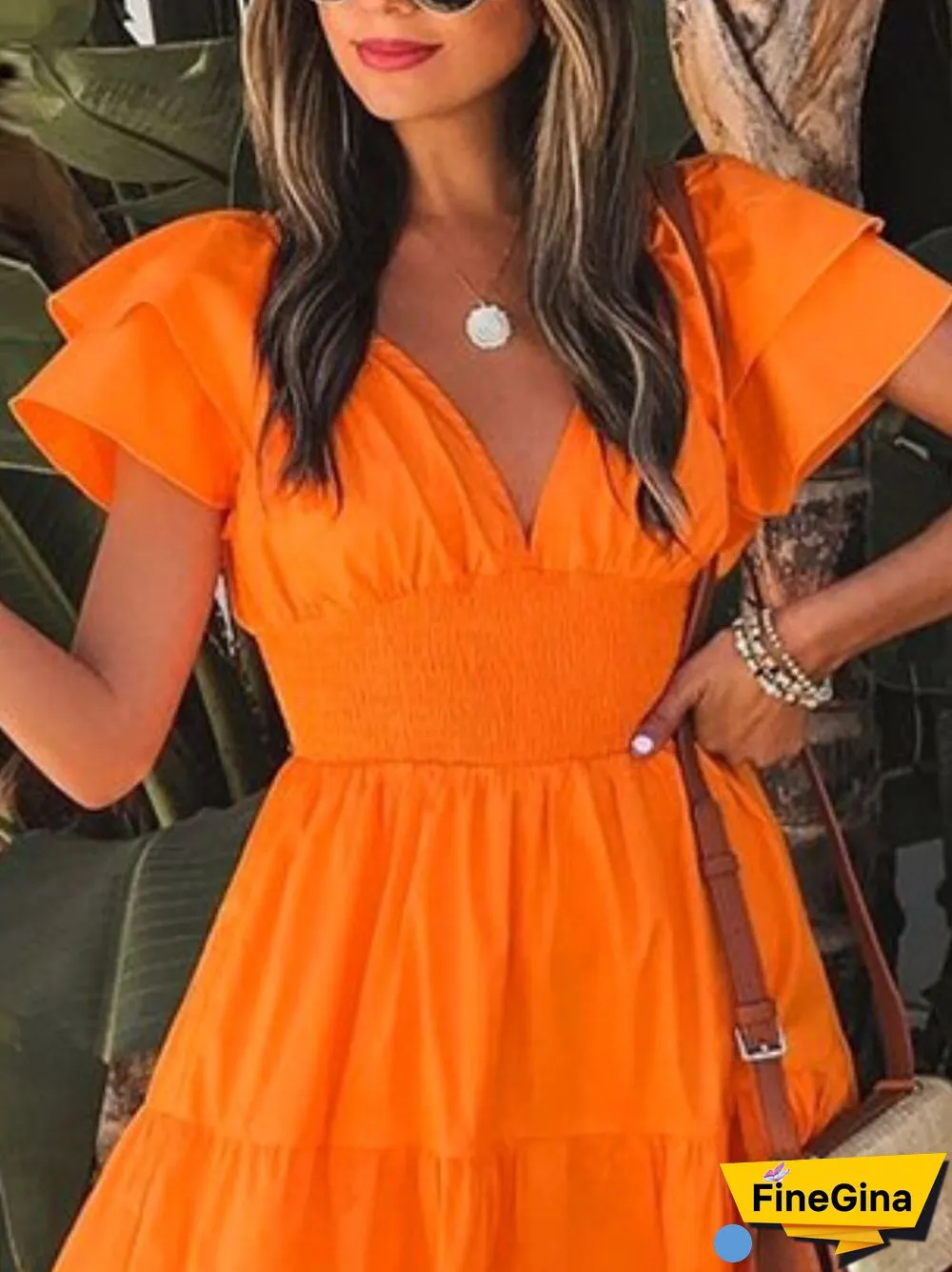 Summer New Fashion Short-sleeved Dress V-neck Petal-sleeved Large Mid-length Skirt Temperament Casual Party Women's Clothing