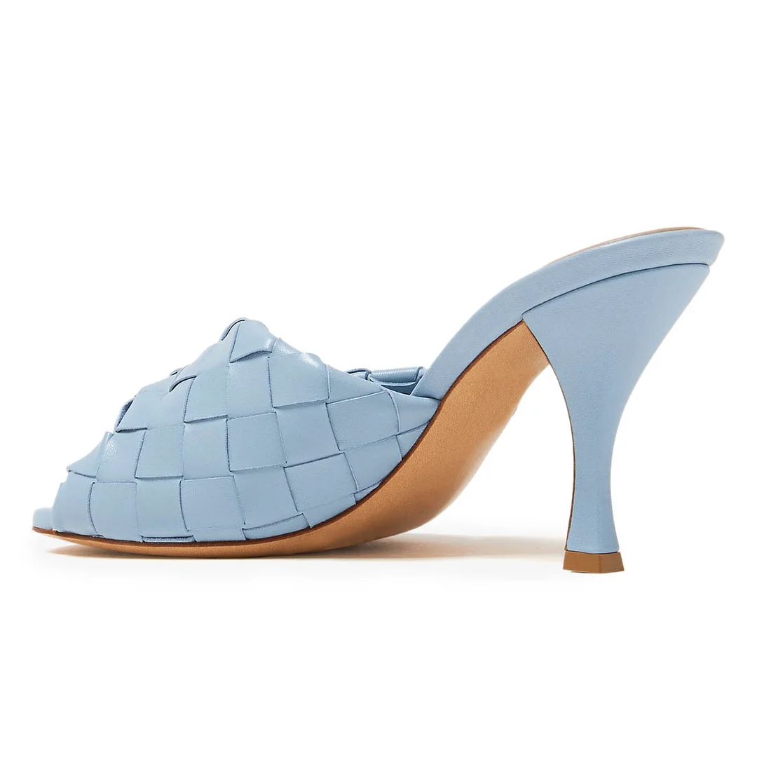 YDN Women's Sky Blue Open Toe Woven Strappy Spool Heel Mules Shoes