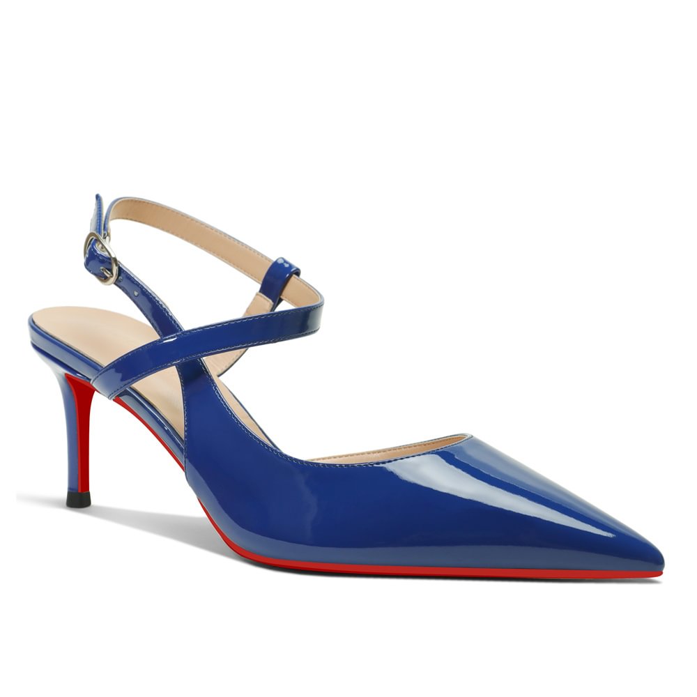 65mm Women Slingback Red Bottom Pumps Ankle Strap Jenlove Stiletto Mid Heel Close Pointed Toe Dress Red Soles Sandals Shoes-MERUMOTE