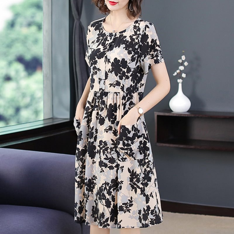 Women's Beige Floral Dress Summer Long Pleated Fashionable Mulberry Silk A- Line