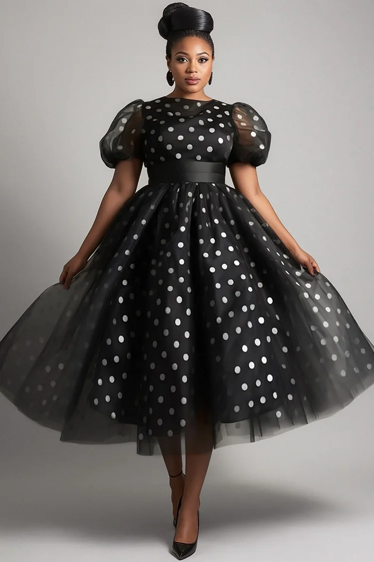 Xpluswear Design Plus Size Cocktail Party Black Polka Dot Round Neck Puff Sleeve Short Sleeve See Through Vintage Tulle Midi Dresses [Pre-Order] 2024 - Xpluswear