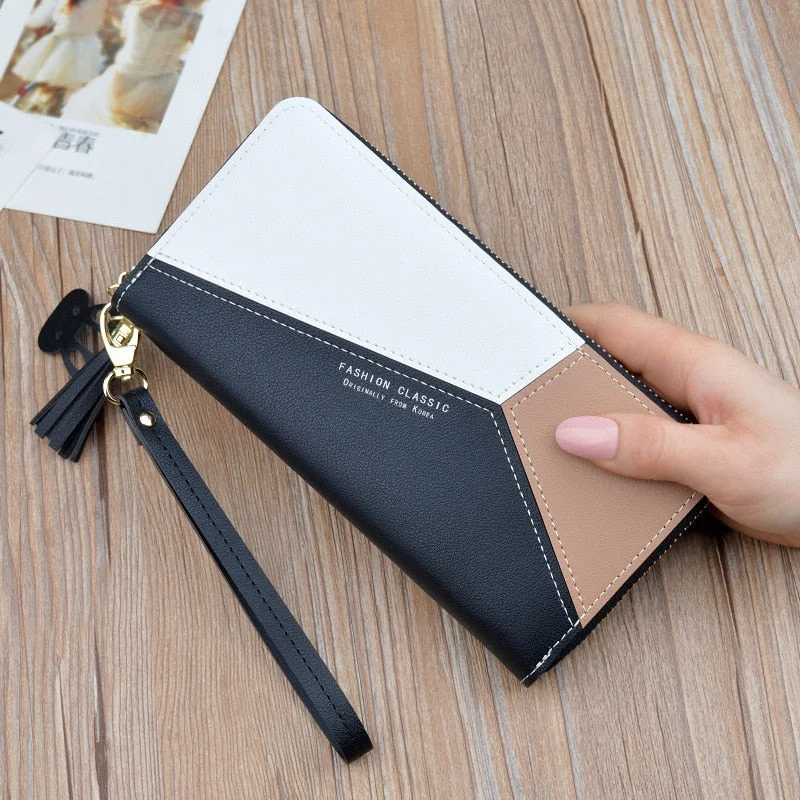 2022 Fashion Geometric Women's Wallet PU Leather Zipper Long Wallet Patchwork Tassel Coin Purse Luxury Designer Mobile Phone Bag