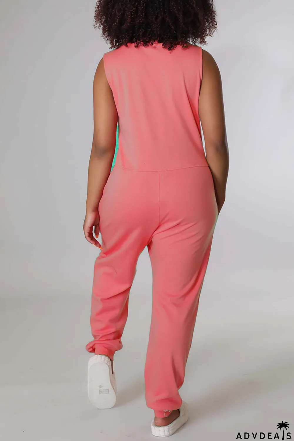 Rose Red Casual Solid Split Joint V Neck Straight Jumpsuits