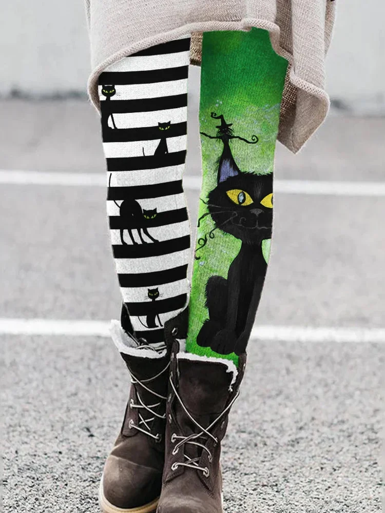 Halloween Black Cat Striped Contrast Color Leggings