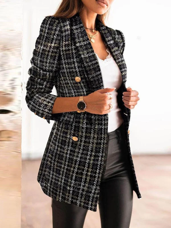 Women's Plaid Print Double-breasted Blazer Flusfy