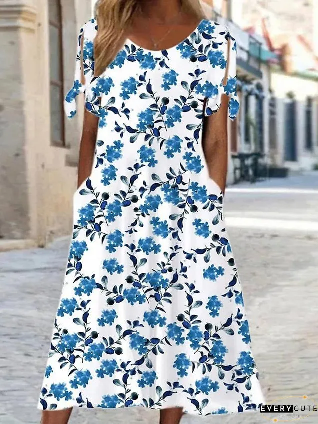 Casual Dress Floral Summer Ditsy Pocket Cold Shoulder Neck Midi Fashion Streetwear Outdoor