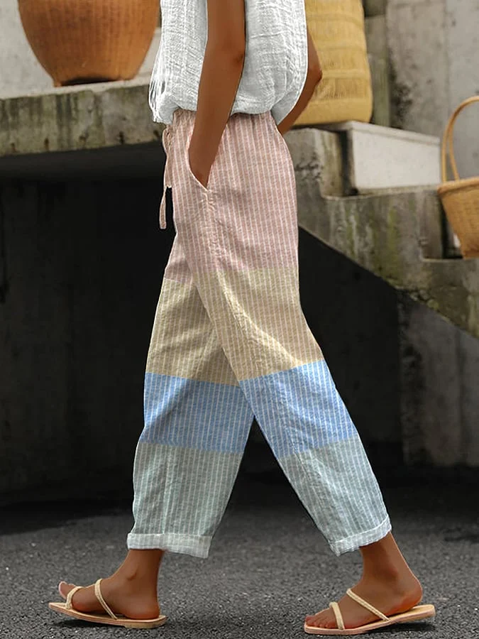 Classic Stripe Panel Lace-Up Casual Pants