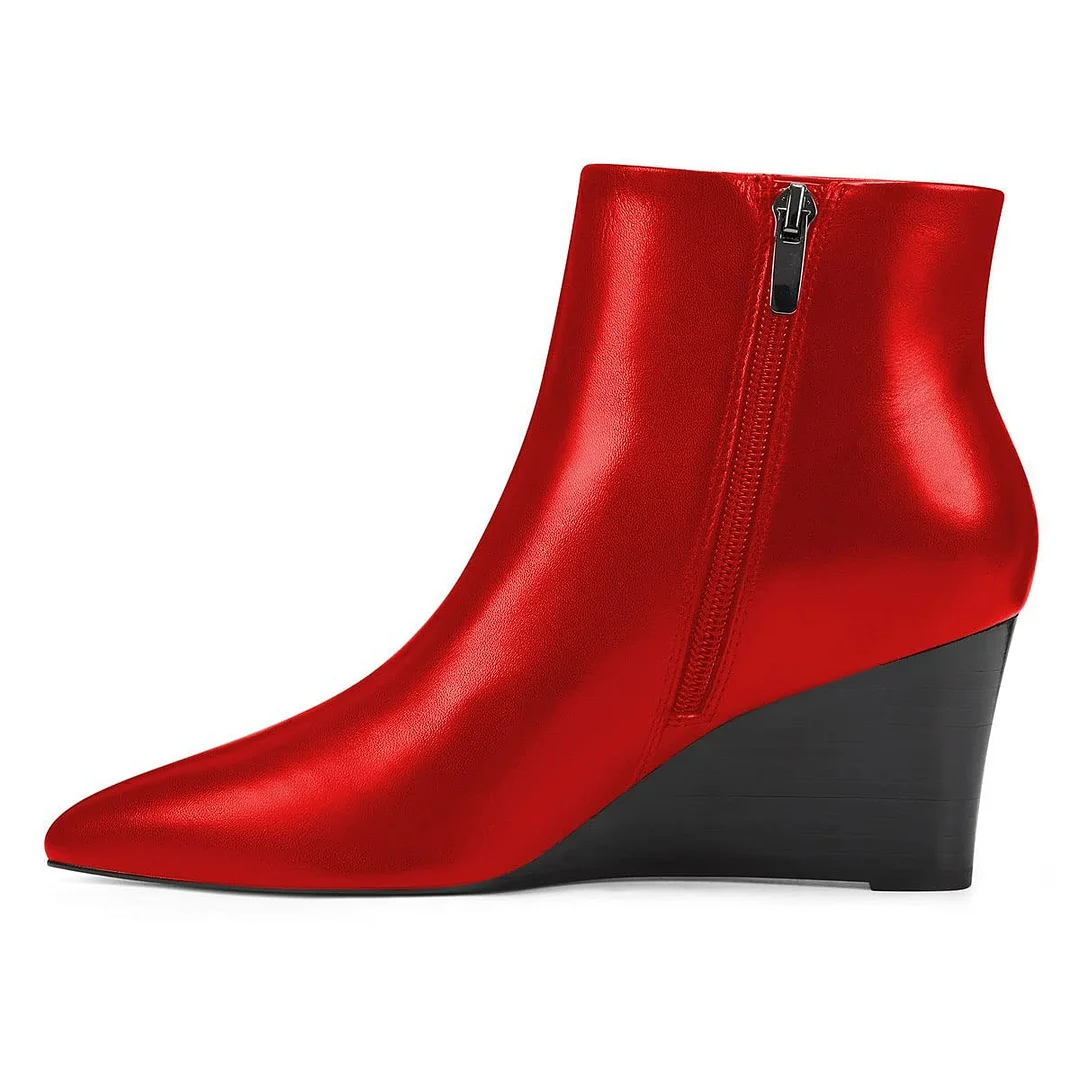 Fashion Red Closed Pointed Toe Side Zipper Wedge Heel Booties