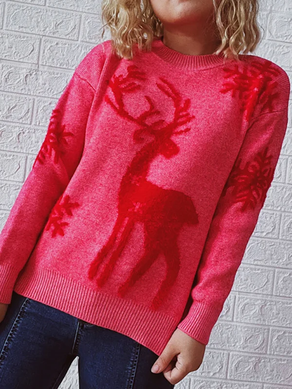 Women's Round Neck Long Sleeve Christmas Sweater New Year Snowflake Fawn Jacquard Knit Sweater Flusfy