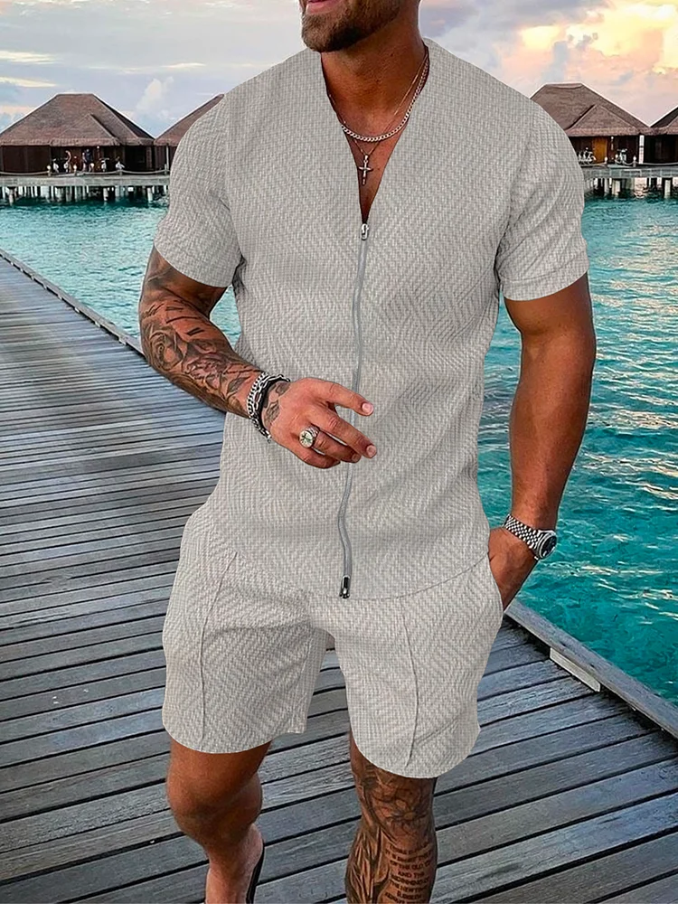 Men White Plaid V-neck Zipper Suit