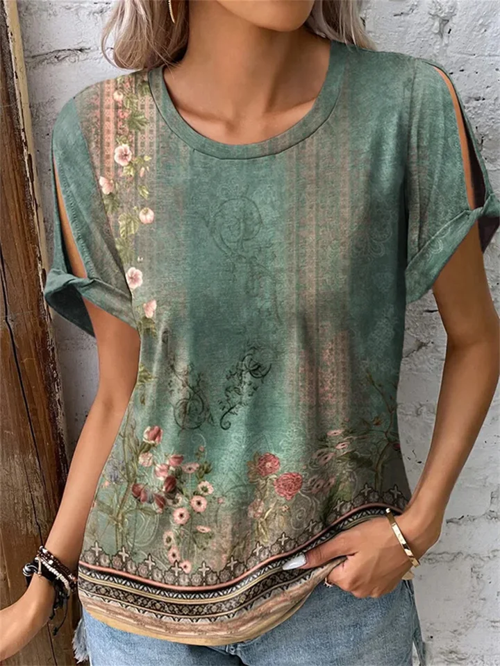 Casual Comfortable Ethnic Wind Short-sleeved Printed T-shirt Ladies Round Neck Top S M L XL 2XL 3XL 4XL 5XL