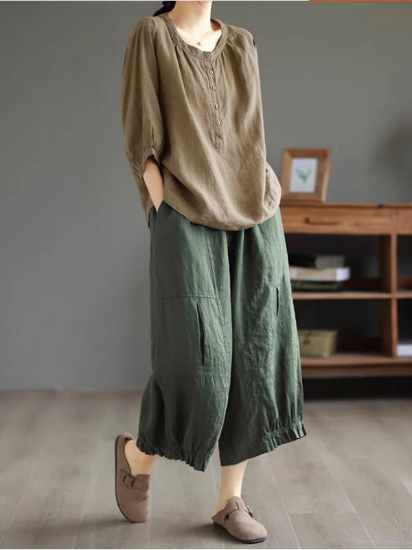 Solid Color Side Pockets Loose Wide Leg Pants