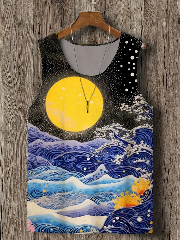 Men's Star Moon Ukiyo-e Pointillism Art Print Tank Top